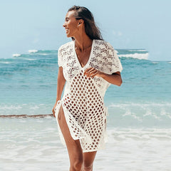 Lizakosht   Women V-neck Pullover Solid Cover Up Summer Sexy Mesh Beach Dress Cover-ups Swimwear 2022 Tassel Bikini Swimsuit Cover Up Dress