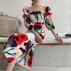 Suummer New Vintage Square Collar Lantern Sleeve Print Dress Women Elegant Long Robe Modern Lady Floral Split Boho Vestidos