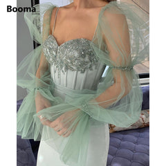 Lizakosht Fairy Mint Green Prom Dresses Sheer Long Sleeves Sweetheart Boning Sheath Evening Dresses Beaded Tea-Length Formal Gowns
