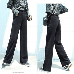 Lizakosht autumn women solid wide leg pants ladies casual corduroy elegant pants female high waist loose leggings