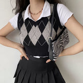 Lizakosht Vintage Argyle Plaid Sweater Vest Women V-Neck Female Sleeveless Tank Jumper Ladies Short Spring Knitting Pullovers Tops
