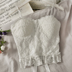 Crop Top Woman 2022 Spring Summer Sexy Lace Straps Hollow Flower Crochet Lace-up Lace Frill Spaghetti-Strap Women's Camisole Top