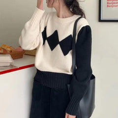 Retro Lozenge Knitting Womens Sweater Autumn New 2022 Korean Fashion Color Contrast Long Sleeve Pullover Sweater Tops