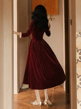 Vintage Velvet Dress Woman Solid Claret & Purple Color Square Collar Ruffles Elegant Lady Dinner Dresses Retro Vestido Festa