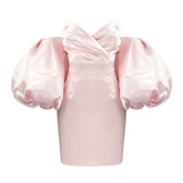 Summer New Women Sexy White Pink Off The Shoulder Puff Sleeve Draped Mini Runway Club Party Dress