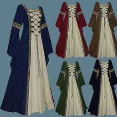5Colors Gothic Retro Women's Clothing Medieval Vingate Palace Style Retro Mopping Skirt Square Neck Bandage Flared Sleeve Long
