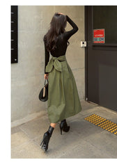 New Women Bandage A Line Skirt 2022 Spring Autumn Back Bow Slim Vintage Skirt Laides Office Wear Skrits