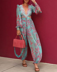 Sexy V-Neck Jumpsuit Summer Long Sleeve Loose Playsuit Overalls Women Elegant Flower Print Pocket Rompers Wide Leg Pant