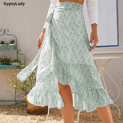 GypsyLady Chiffon Floral Wrap Skirt Spring Summer Casual Chic Women Skirt Ruffles Bandage Waist Tie Up Irregular Skirts New