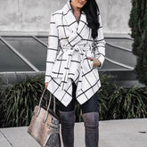 Fashion Plaid Patchwork Lace-Up Belt Women Outerwear Autumn Winter Long Sleeve Double Breasted Windbreaker Jackets Casual Coats