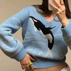 Vintage Y2K Loose Pullovers V-neck Autumn Aesthetic 2000s Knitwear Harajuku Print Blue Sweaters Cute Casual Streetwear