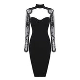 Lizakosht New Women's Bandage Dress Sexy V-Neck Lace Openwork Long-Sleeved Split Tight Dress Vestidos Sexy Embroidered Lace Bodycon Dress