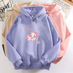 Cow Print Kawaii Hoodie Strawberry Casual Pullover Oversized Sweatshirt Aesthetic Clothes for Women Funny Hoodies Sudadera Mujer