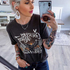 Graphic Tee Black T Shirt for Women 2022 Casual Summer Top Boho T Shirt New Print T Shirt Female Top Woman Tshirts