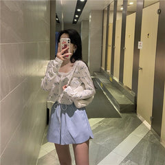 Women Cardigan Sweet Crop Top Design Patchwork Lace Floral Gentle Students All-match Retro Single Breasted Korean Style Chic Ins