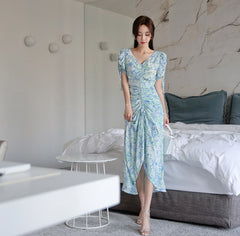 Lizakosht New Women Elegant Floral Dress V-neck Short Sleeve Wrapped Dress Drawstring Slim Autumn Tea Dress Midi Dress Vestidos