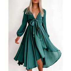 GypsyLady Vintage Chic Midi Dress Long Sleeve Autumn Chic Holiday Dress Women V-neck Bow Sexy Ruffle office Ladies Party Dresses