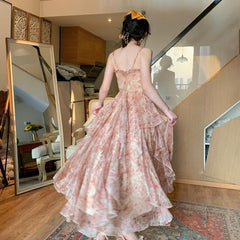 Lizakosht Elegant Chiffon Print Dress Women Retro Sexy Sweet Fit Chic Spaghetti Strap Lace-up Corset Dress Holiday Beach Summer Dress