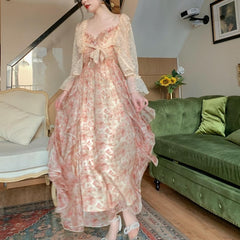 Lizakosht Elegant Chiffon Print Dress Women Retro Sexy Sweet Fit Chic Spaghetti Strap Lace-up Corset Dress Holiday Beach Summer Dress