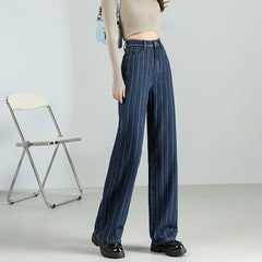 Stripe Jeans Straight Pants Loose High Waist Plus Size Women Casual Fashion Retro Cowboy Wide Leg Trousers 2022 New
