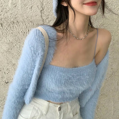 Spring 2 Piece Set Ribbed Knitted Women Cardigan + Camisole Outfits Slim Short Tops Long Sleeve Casual Camis and Cardigans Suit