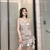 Temperament Wood Ear Side V-neck Sexy Sling Dress Female Summer Folds Tight-fitting Hip Lotus leaf Skirt