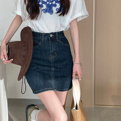 HOUZHOU Vintage Denim Skirt Women High Waisted A-line Mini Skirts Summer Korean Fashion Harajuku Streetwear School Girl Casual