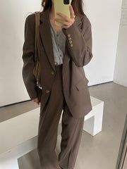 New Fashion Vintage Blazer Pants Suit OL Elegant Business Wear Blazers + High Waist Wide Leg Pants Suits 2 Piece Set