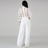 Long Sleeve Sexy Women Culotte Jumpsuit One Piece Elegant Party Evening Cocktail Wedding Wide Leg Romper Lace Hollow Out White