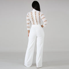 Long Sleeve Sexy Women Culotte Jumpsuit One Piece Elegant Party Evening Cocktail Wedding Wide Leg Romper Lace Hollow Out White