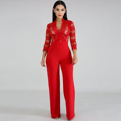 Long Sleeve Sexy Women Culotte Jumpsuit One Piece Elegant Party Evening Cocktail Wedding Wide Leg Romper Lace Hollow Out White