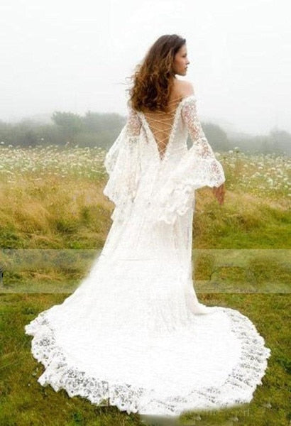 Lizakosht  Gothic Celtic Wedding Dress Vintage Lace Bell Sleeve Lace Up Corset Medieval Bridal Gown Vintage Retro Bride 50's Gown
