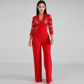 Long Sleeve Sexy Women Culotte Jumpsuit One Piece Elegant Party Evening Cocktail Wedding Wide Leg Romper Lace Hollow Out White