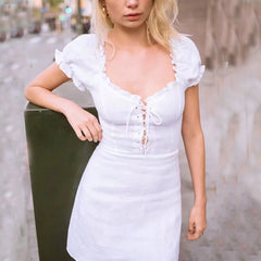 Ruffle Edged Neck Mini Dress Women Puffed Shoulder Vintage Lace Up Front Dress Slim Dresses