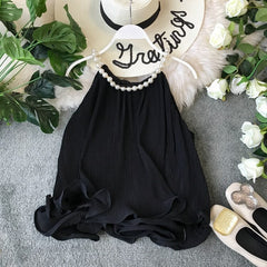 Ruffles Halter Chiffon Pearl Blusa Summer Loose Lace Women Backless Tops Women Sleeveless Candy Blouse Women Shirt