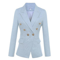 High Quality Fashion Ladies Light Blue Blazer Notched Long Sleeve Double Breasted Buttons Cotton Office Jacket Women Blazer 2019