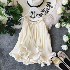 Ruffles Halter Chiffon Pearl Blusa Summer Loose Lace Women Backless Tops Women Sleeveless Candy Blouse Women Shirt