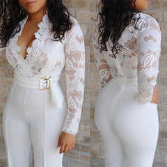 Lizakosht White Lace V-Neck Jumpsuit Women Long Sleeve High Waisted Sashes Sexy Jumpsuits Female 2021 Summer Spring Fashion Romper Woman