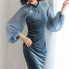 New 2022 Autumn Dress Brand Fashion Runway Designer Velvet dress chiffon lanterns sleeve gold velvet dress