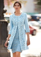 Lizakosht Carla Ruiz Light Blue Mother Of The Bride Dresses With Jacket Sheath Knee Length Short Wedding Guest Dress Arabic 3D flower