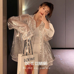 Shiny party Shirt Sequins Blouse Long Sleeve Glitter Cardigan Single-breasted Femme oversize loose Bluses Blusas Buttons Tops