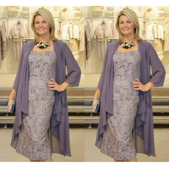 Lizakosht Mother of The Bride Dresses Two Pieces Chiffon Jackets Sheath Knee Lace Mothers Dresses For Wedding Events vestido de madrinha