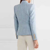 High Quality Fashion Ladies Light Blue Blazer Notched Long Sleeve Double Breasted Buttons Cotton Office Jacket Women Blazer 2019