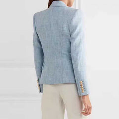 High Quality Fashion Ladies Light Blue Blazer Notched Long Sleeve Double Breasted Buttons Cotton Office Jacket Women Blazer 2019