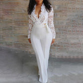 Lizakosht White Lace V-Neck Jumpsuit Women Long Sleeve High Waisted Sashes Sexy Jumpsuits Female 2021 Summer Spring Fashion Romper Woman