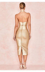 Lizakosht High Quality Gold 2 Pieces Set Knee Length Rayon Bandage Dress Evening Party Bodycon Dress