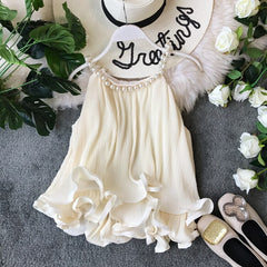 Ruffles Halter Chiffon Pearl Blusa Summer Loose Lace Women Backless Tops Women Sleeveless Candy Blouse Women Shirt