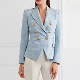 High Quality Fashion Ladies Light Blue Blazer Notched Long Sleeve Double Breasted Buttons Cotton Office Jacket Women Blazer 2019