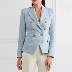 High Quality Fashion Ladies Light Blue Blazer Notched Long Sleeve Double Breasted Buttons Cotton Office Jacket Women Blazer 2019