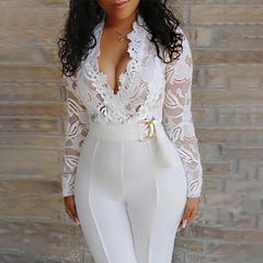 Lizakosht White Lace V-Neck Jumpsuit Women Long Sleeve High Waisted Sashes Sexy Jumpsuits Female 2021 Summer Spring Fashion Romper Woman